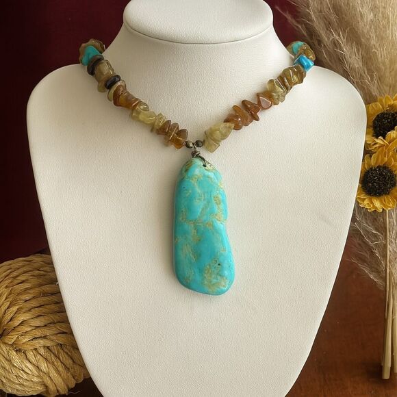 Vintage Handcrafted Turquoise Pendant Necklace 20” Natural Stone Beads Boho - Picture 1 of 4